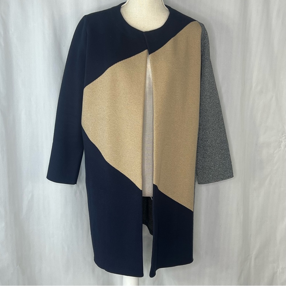 Ann Taylor Jacket Black Gray & Tan Color Block Viscose Open Front EUC M👍 - Picture 2 of 7